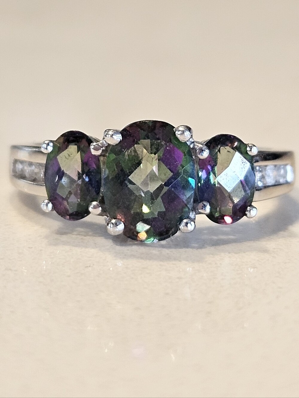 Solid 10k White Gold Mystic Topaz Triple Oval Diamond Ring Sz 7.5